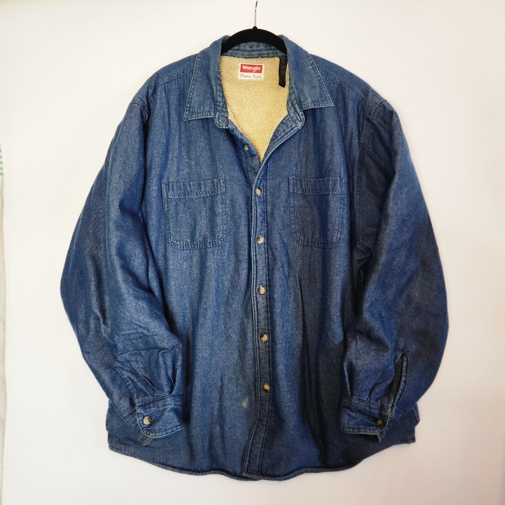Wrangler Button Up Mens XL Vintage Denim Sherpa Lined Winter Jacket Western Wear
